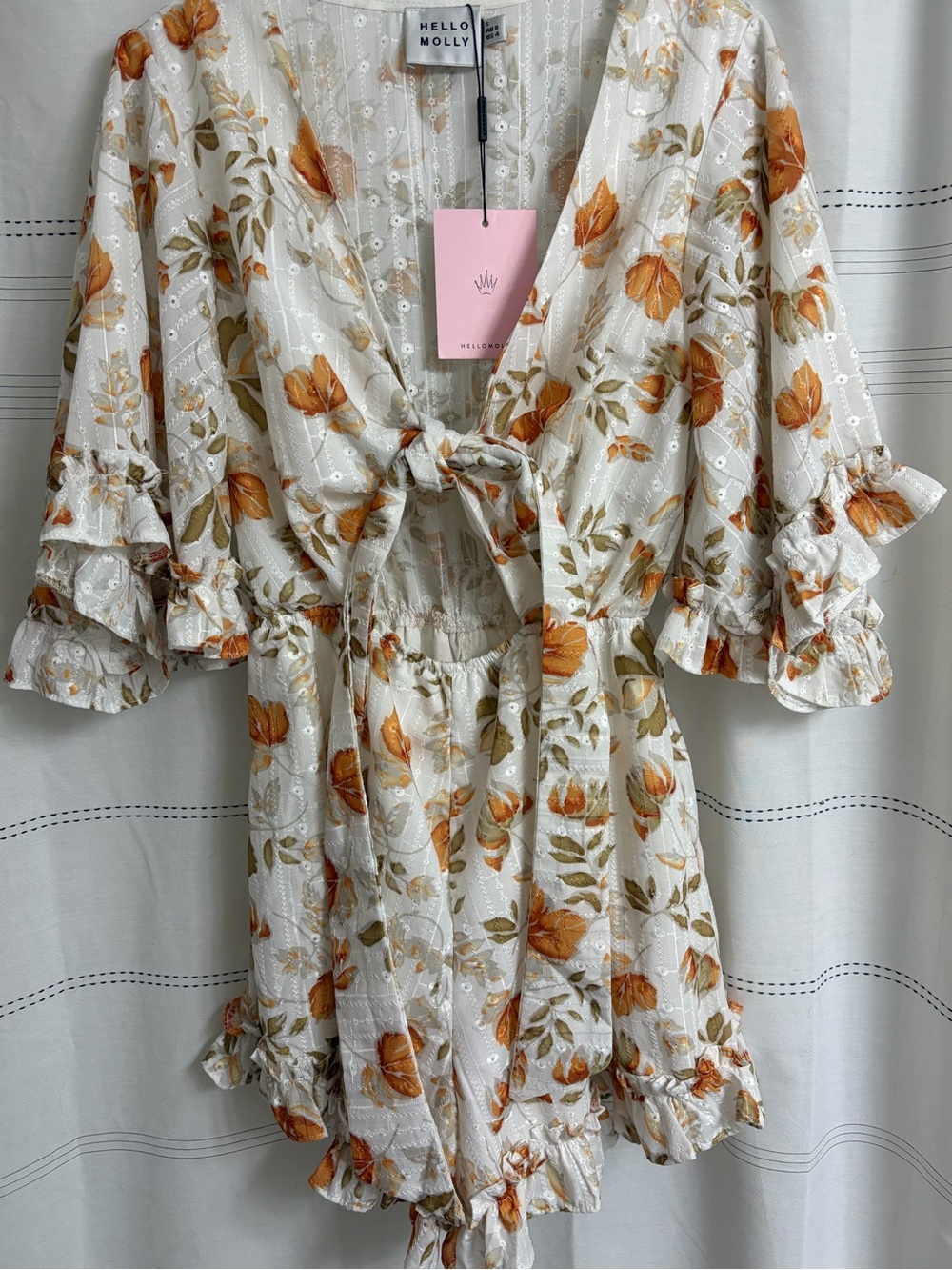 Hello Molly White and Orange Floral Tie-Front Romper